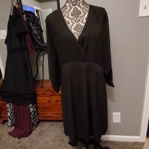 Chiffon Long Sleeve Mid Knee Black Faux Wrap dress